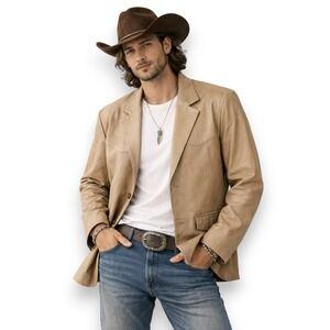 100% Leather Blazer Men's Tan Western Disco Sport Coat Jacket‎ Sz Large NWOT